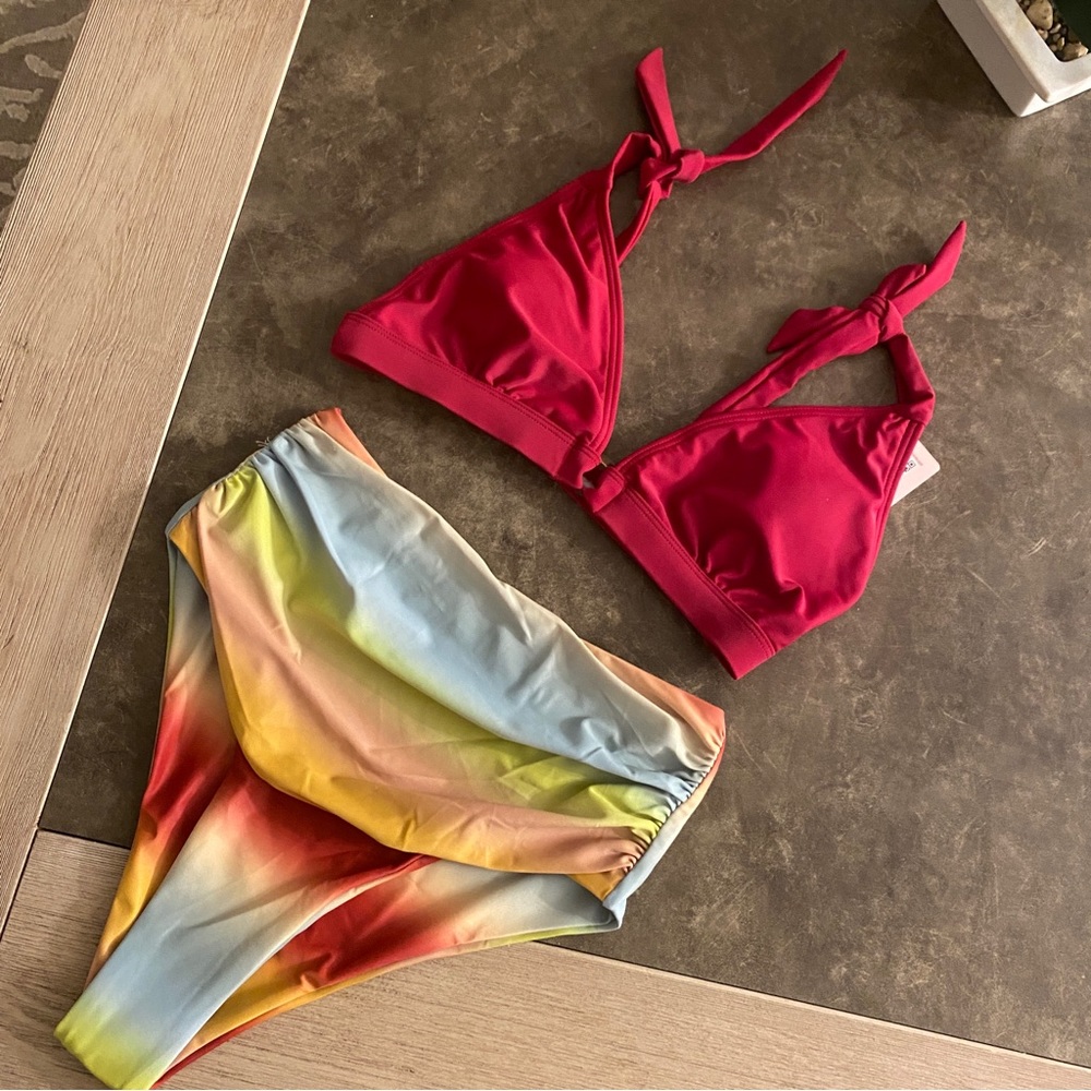 Charmo shoulder tie triangle high waisted tummy control bikini set